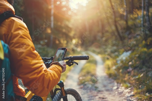 a person on a bike with a cell phone in their hand