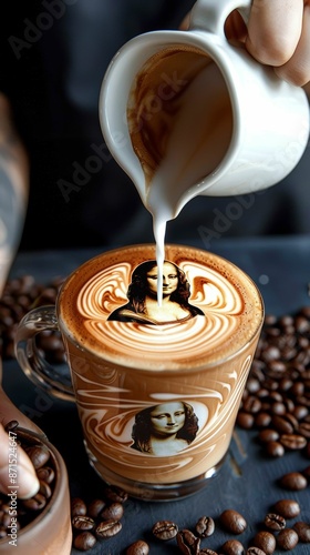 A skilled barista carefully pouring steamed milk into a glass of espresso, creating a remarkably detailed rendition of the Girl within the layered coffee and milk swirls.