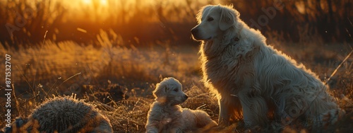  A large White dog and a small one seated side by side on a grassy field before a sinking sun