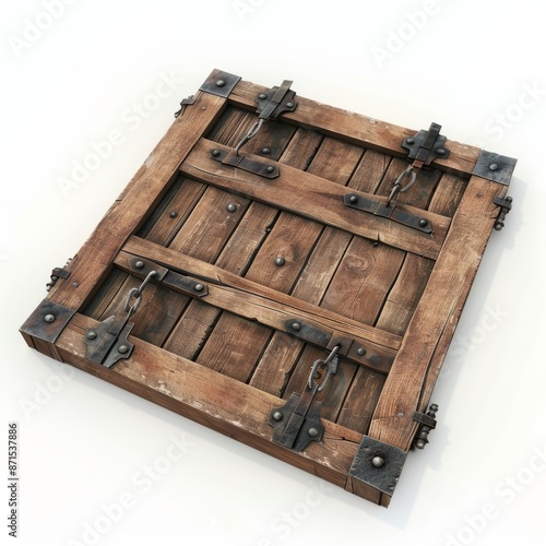 3D Render, Low Poly style of a wooden trapdoor with metal hinges, on isolated white background, Generative AI