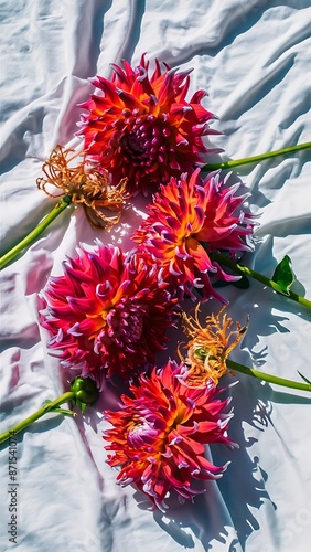 Colorful dahlia and cynicism flowers isolated on white background flat lay top view