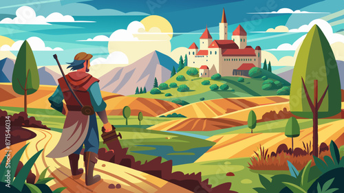 a medieval man walking towards a city in the distance, fields and hills and forests fill out the beautiful scene