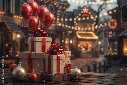 Festive Christmas market with decorations and lights representing holiday spirit and celebration in a vibrant setting