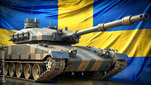 Sweden flag depicted on side part of military armored tank closeup. Army forces conceptual background