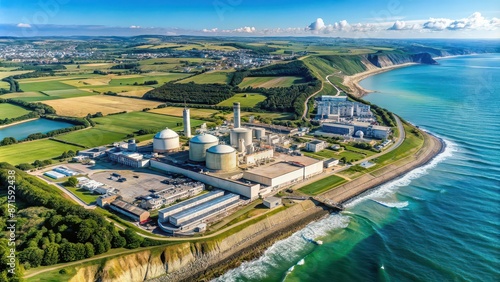 A detailed aerial view of the EPR reactor and nuclear power plant in Flamanville, France