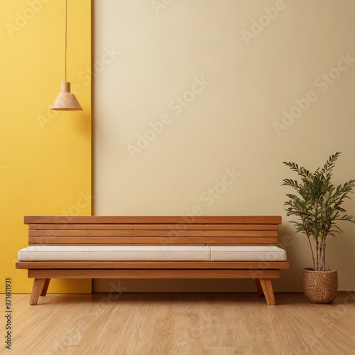 Bench wooden sofa on separate yellow background