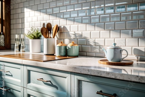  Realistic 3D render close up blank empty space countertop in modern grey build in kitchen cabinet set for household products display with white ceramic wall tiles in background. Sunlight, utensils