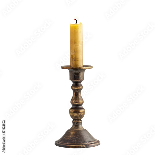 Burning old candle vintage bronze candlestick isolated on a transparent background 