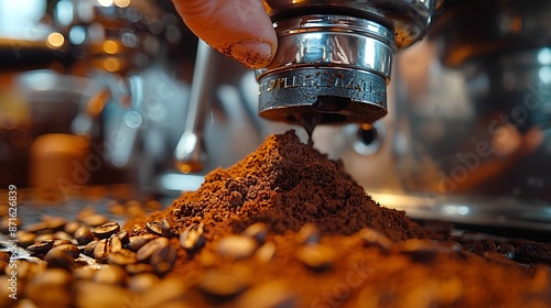 A close-up of a barista's hand firmly tamping coffee grounds, showing the texture of the grounds and the tamp. Coffee machine slightly blurred in the background, with cafe ambient light. Rich,