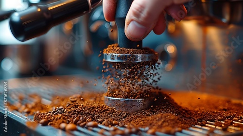A close-up of a barista's hand firmly tamping coffee grounds, showing the texture of the grounds and the tamp. Coffee machine slightly blurred in the background, with cafe ambient light. Rich,