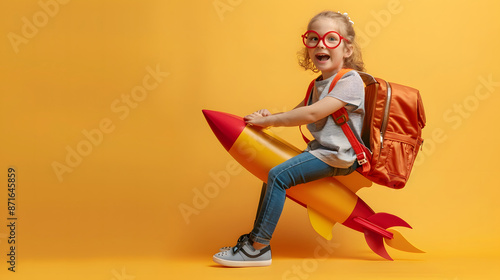 Happy child with backpack pretending to ride a rocket against yellow background. Imagination, fun, and adventure concept.