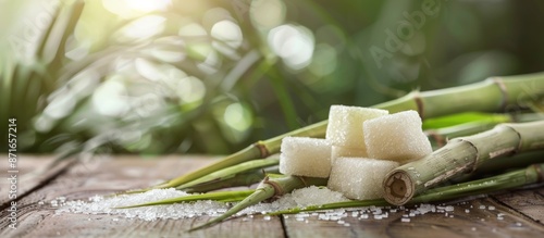 Sugarcane and Sugar Cubes on Wooden Surface