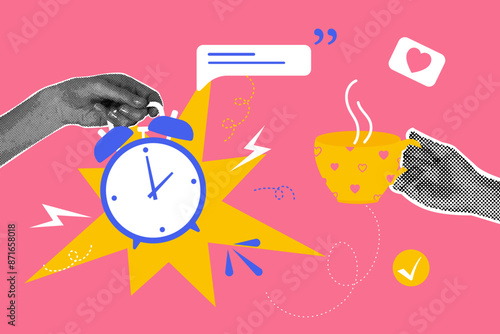 Trendy halftone collage. Business concept, lunch, rest, break. Trendy modern retro illustration in bright trendy colors. Business concept, banner concept with alarm clock and coffee mug. Vector