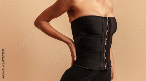 a woman in a black postoperative corset after breast augmentation on a beige background