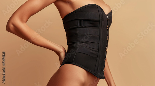 a woman in a black postoperative corset after breast augmentation on a beige background