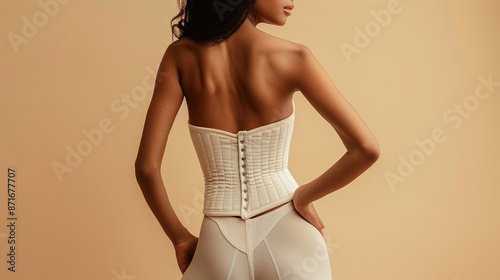 a woman in a white corset on a beige background