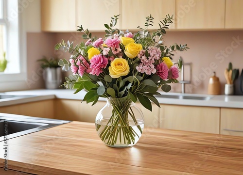 An image of a bouquet of flowers in a glass vase on a wooden coutertop