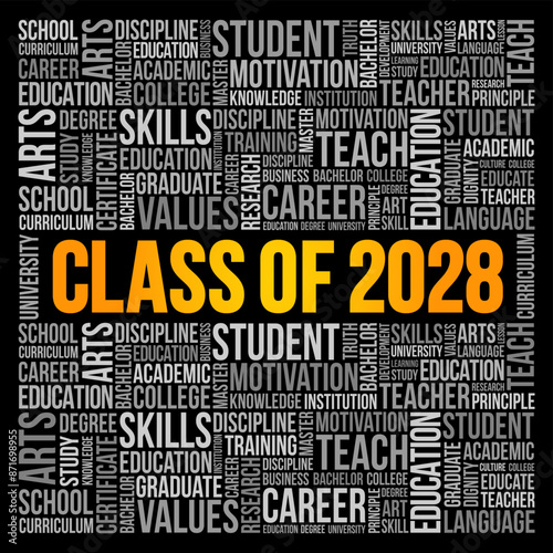 Class of 2028 - the group of students who graduated from high school or college in the year 2028, word cloud concept background