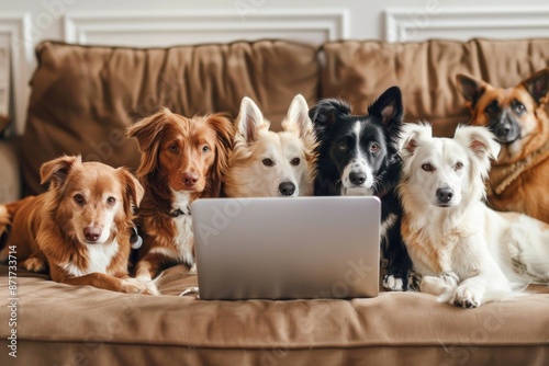 Funny Message. Dogs Having a Chat on Laptop in a Business Meeting on Video Call