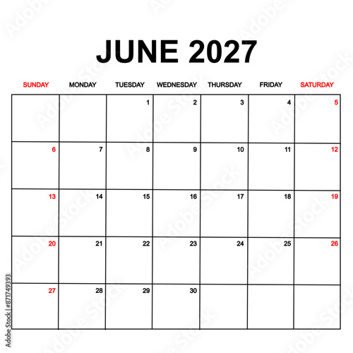 june 2027 with holydays or red dates. monthly calendar design with week starts on sunday. printable, simple, and clean vector design isolated on white background.