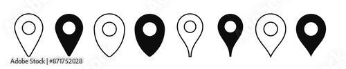 Pin locate icons for map destination or landmark GPS address, line vector. Location pin icons for here point or address destination on navigation map