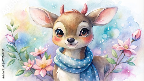 bambi deer wearing a scarf. smiling. very cute. cartoon. kawaii. watercolor. colorful. white background. 8k. .spring flowers . white background .Cute Animal.