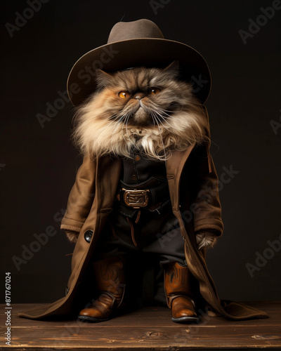 Cute anthropomorphic Persian cat character dressed as an old western cowboy with a hat, boots and mustache on a clean light green background. hyper realistic