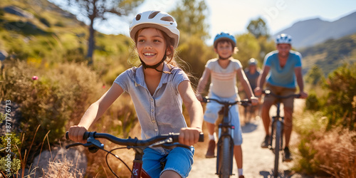 Family Cycling Together Outdoors," "Parents and Kids Biking on Trail