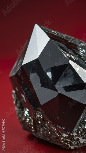 a single hematite crystal is featured on a pure red ba background