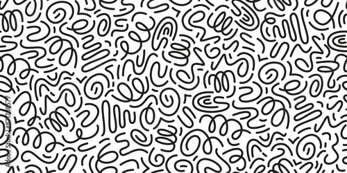 Black and white line doodle seamless pattern. Cute, funny creative minimalist style art background. Endless simple holiday party confetti texture, Scribble shapes, curves, waves.