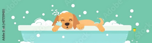 Adorable cartoon dog enjoying a bubble bath in a bathtub surrounded by soap suds and bubbles on a teal background.
