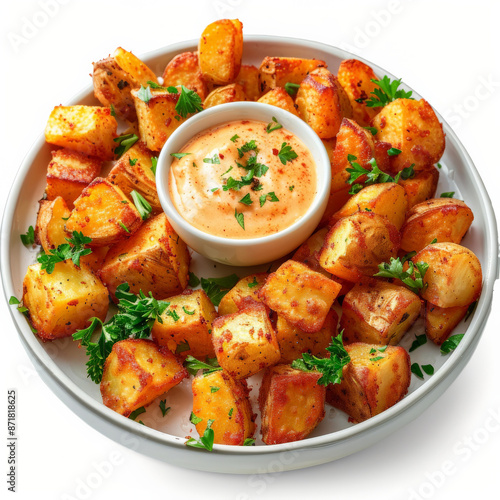 A plate of Spanish patatas bravas, crispy fried potatoes served with spicy tomato sauce and aioli, garnished with parsley, isolated on white background.