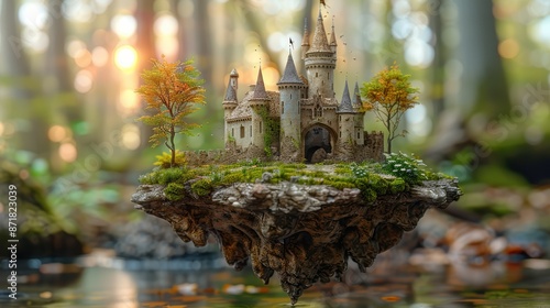 A beautifully rendered floating castle on an island of rock, surrounded by trees in an enchanted forest setting with magical lighting, capturing a fantasy world perfectly.