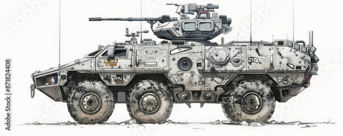 A technical drawing of an armored reconnaissance vehicle, detailing its sensors, communication equipment, and stealth features. The white background highlights the vehicle's intelligence-gathering