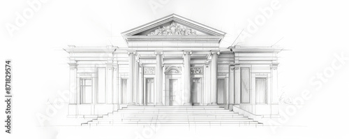 An architectural sketch of a neoclassical government building, with tall columns, a grand staircase, and symmetrical design. The white background highlights the grandeur and formality of the structure