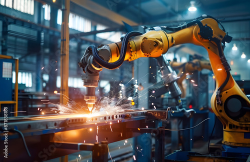 Robotic arm in an industrial factory is welding metal parts with sparks flying around it, representing the technological evolution of production and manufacturing industry.