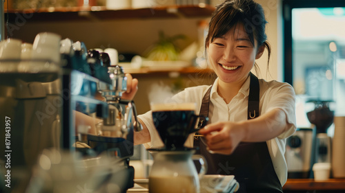 カフェでラテアートを作る日本人バリスタ