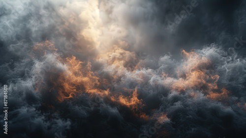 A captivating image of a dramatic cloudscape featuring fiery highlights and dark shadows, creating a stormy and intense atmosphere.