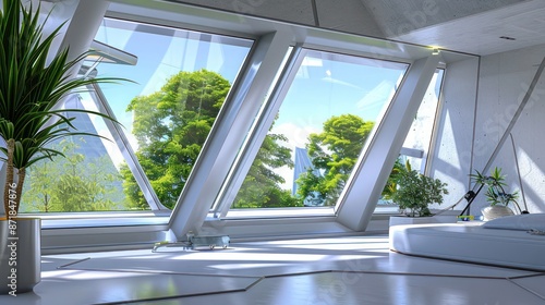 high-tech window featuring triple glazing and krypton gas fill, set in a futuristic home environment