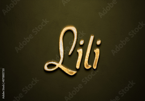 Old gold text effect of Indonesian name Lili with 3D glossy style Mockup.