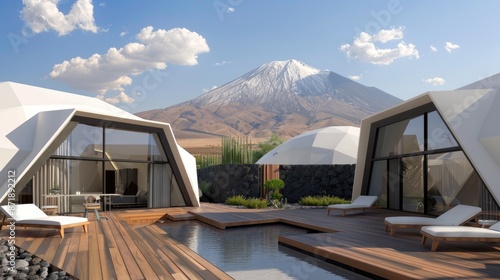 A geodesic dome restaurant with a large patio overlooking a mountain