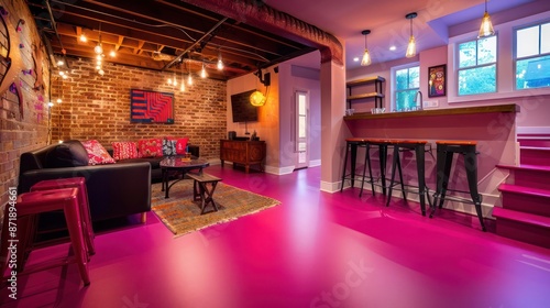 Vibrant magenta rubber flooring in a basement party room, adding a fun and lively touch