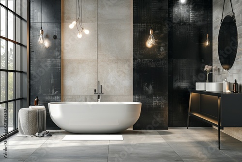 Luxury bathroom interior with black tile walls, tiled floor, comfortable white bathtub and round mirror.