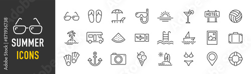 Summer web icons in line style. Vacation and beach web icons in line style. Travel, holiday, tourism, hotel, passport, maps, landscape, camera. Icon collection. Vector illustration.