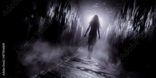 廃墟の暗い通路の向こうから近づいてくる恐ろしい幽霊