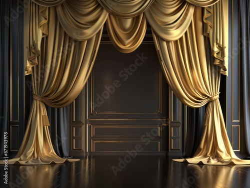 Elegant Stage with Golden Curtains. A sophisticated theater stage with opulent gold drapes against dark background, ready for a premiere performance