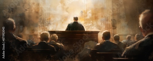 A judge presides over a courtroom with an audience in a dramatic, painterly style, suggesting an intense legal scene.