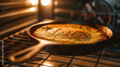 A cast iron skillet with cornbread baking in an oven, golden and delicious