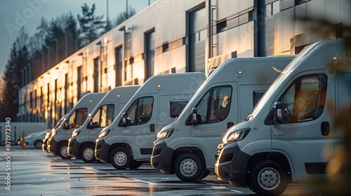 In front of a modern prefabricated hall there are many electric vans that are being charged. Generative AI.