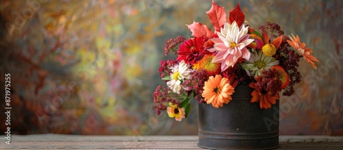 A floristic arrangement of autumn flowers in a hat box on a wooden backdrop, providing space for images or text.